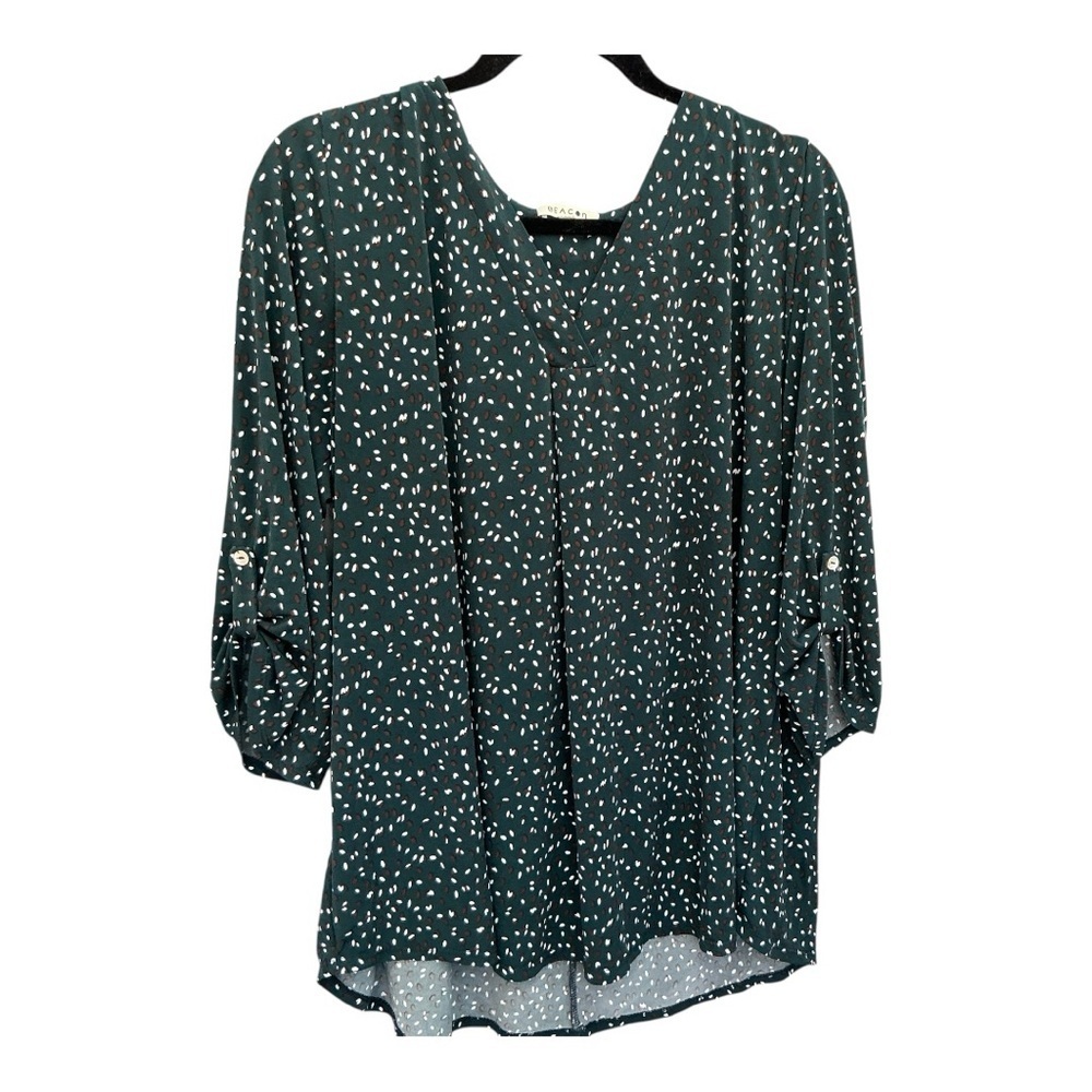 Beacon Teal and White Patterned Women’s Blouse 1/4 Sleeve Stretchy Blouse Top